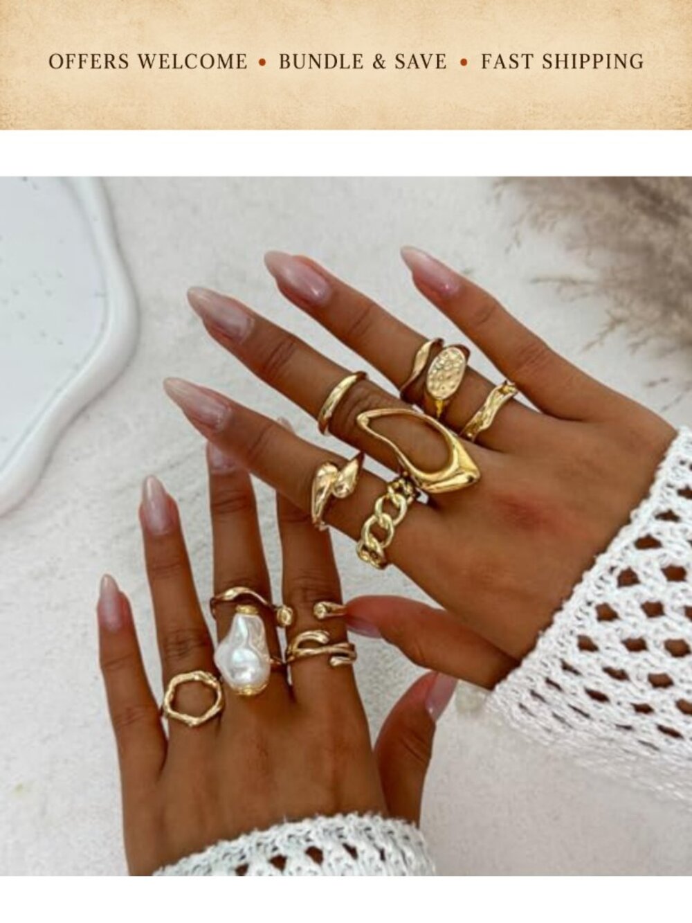 Chunky Pearl Rings Set Open Adjustable Stacking Rings - Picture 2 of 6